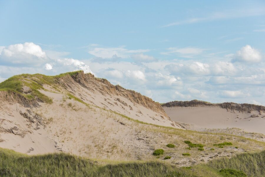 Sand dunes on a Prince Edward Island beach in summer