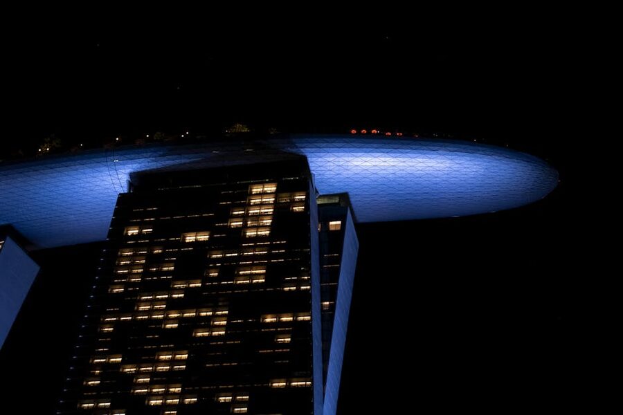 The infinity pool atop Marina Bay Sands hotel in Singapore with the city skyline beyond