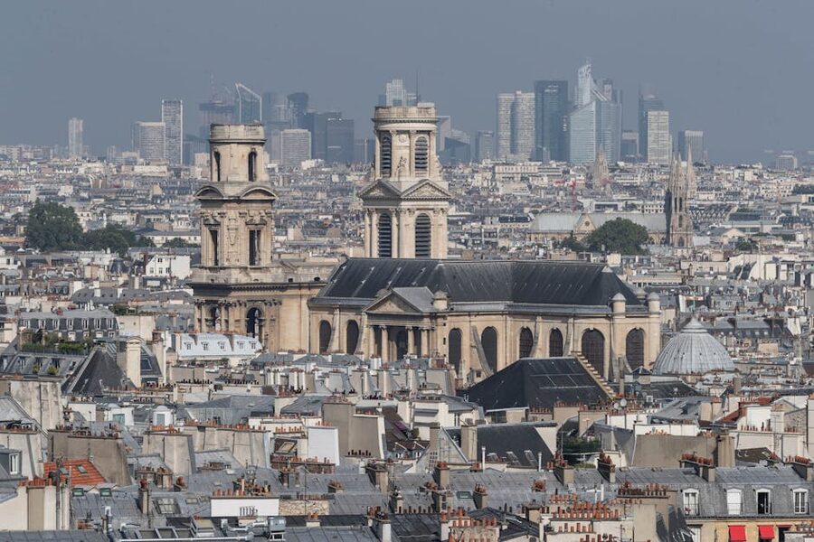 The west facade of Saint Sulpice church in Paris with its mismatched towers