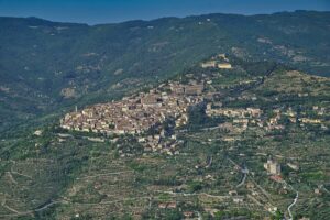 Aerial view of Cortona, Tuscany, with the Val di Chiana valley below