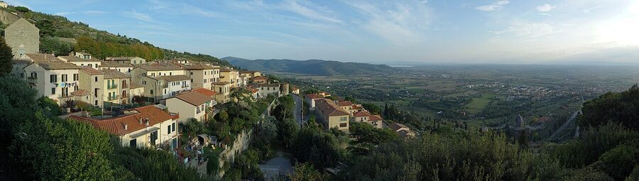 Panorama of Cortona on the hilltop above the Val di Chiana