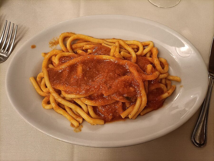 A bowl of pici pasta with aglione tomato sauce