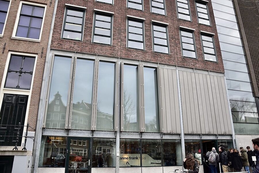 Anne Frank House facade on Prinsengracht canal Amsterdam