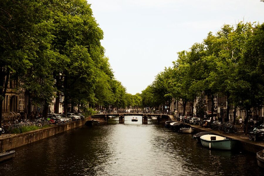 Amsterdam canal scene with traditional canal houses and tour boats