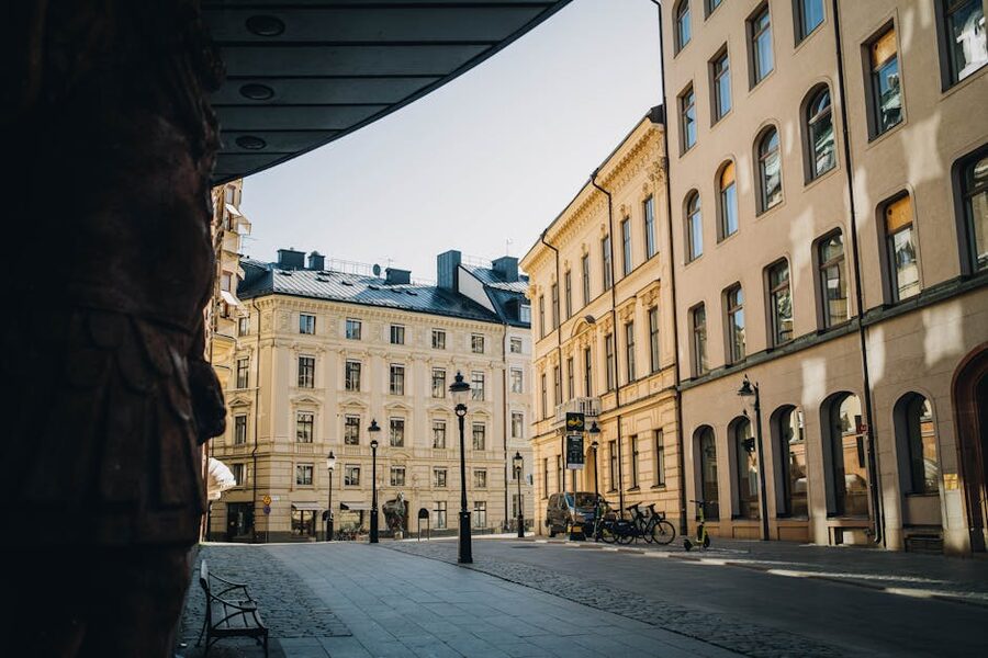 A quiet cobbled Söder back street in Stockholm with neoclassical apartment buildings