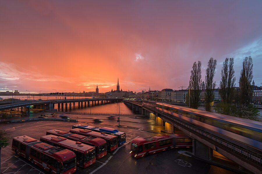 The Slussen interchange between Söder and Gamla Stan in Stockholm with traffic and trams