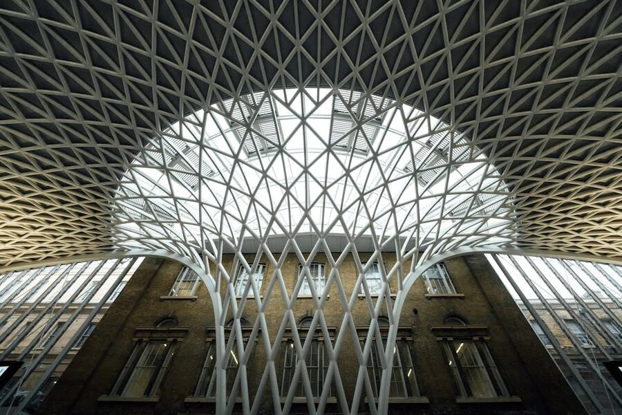 The geometric domed roof of the modern Western Concourse at King's Cross Station in London