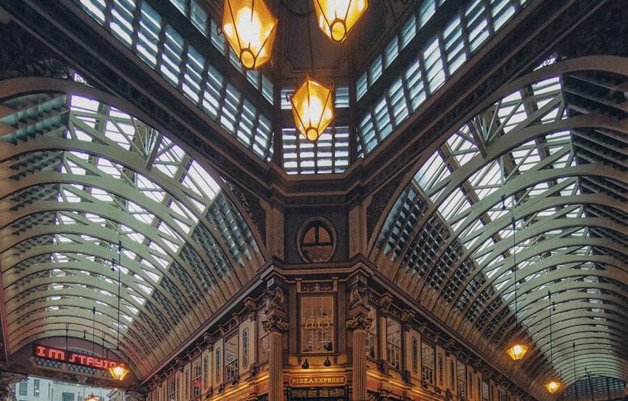 The ornate Victorian roof of Leadenhall Market in London, used as Diagon Alley in the first Harry Potter film