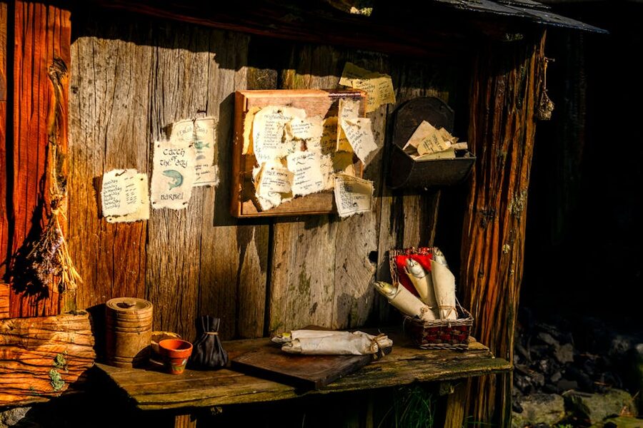 Postal scrolls and rustic notes set up at a hobbit hole at Hobbiton