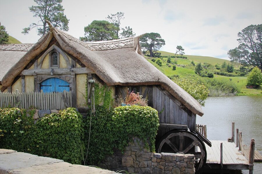 Water wheel and mill house at the Hobbiton movie set
