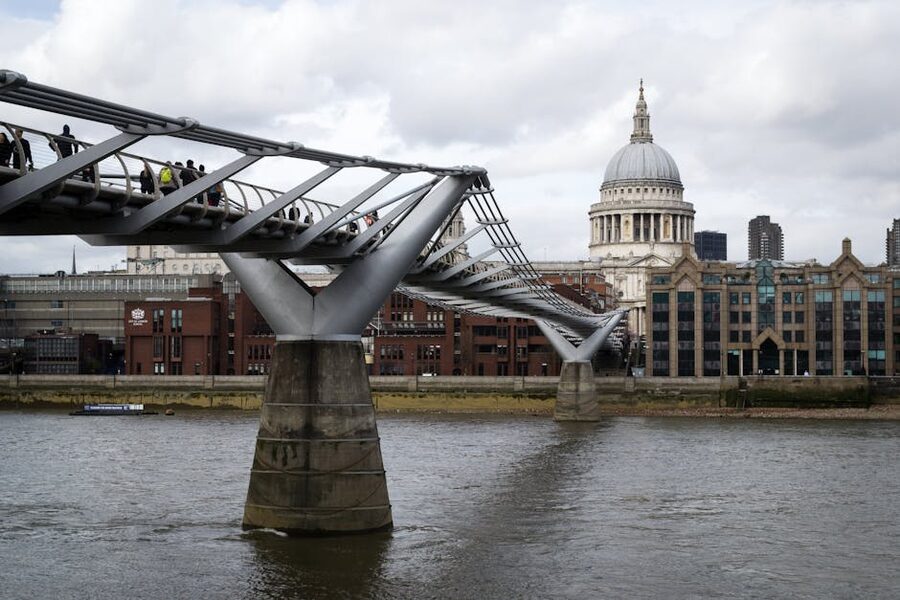 The Millennium Bridge crossing the River Thames toward St Paul's Cathedral in London