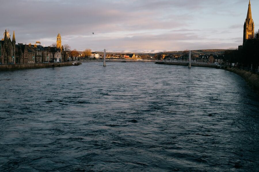 River Ness at dawn with Inverness cityscape and the cathedral spires