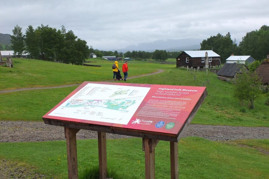 Turf-roofed cottages at the Highland Folk Museum, Newtonmore