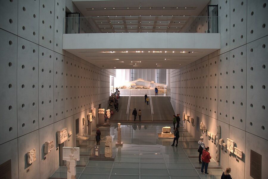 The interior of the Acropolis Museum in Athens with classical marble sculptures on display