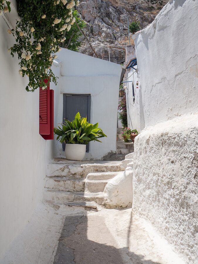 The narrow whitewashed alleys of the Anafiotika quarter on the slopes of the Acropolis in Athens