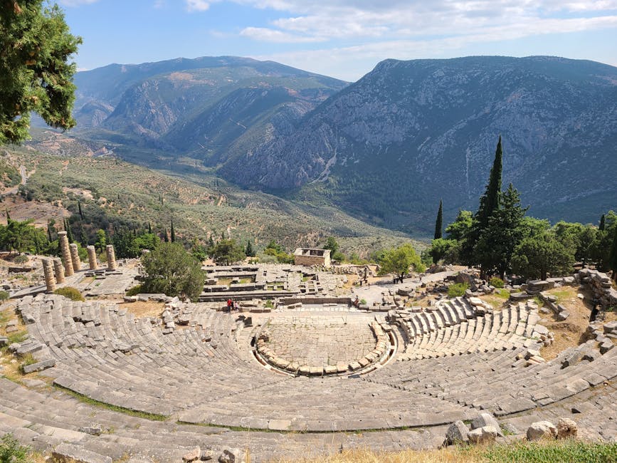 The ancient stone theatre at Delphi looking down toward the Temple of Apollo and the valley below