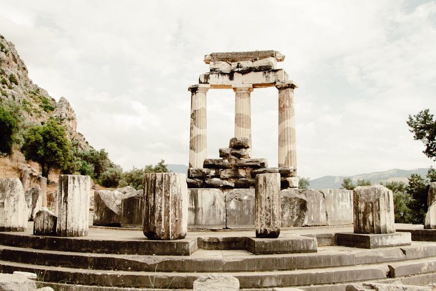 The circular Tholos temple at the Sanctuary of Athena Pronaia in Delphi Greece