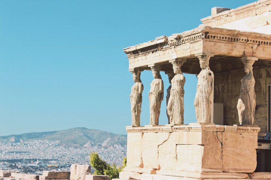 The six Caryatid statues of women holding up the south porch of the Erechtheion