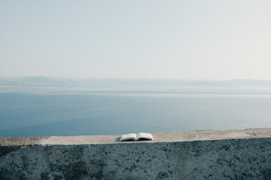 An open paperback resting on a stone ledge above a calm sea, the pages catching the wind