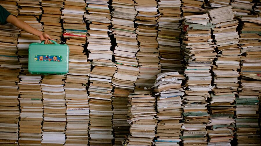 A traveller standing beside towering stacks of books with a small suitcase in hand