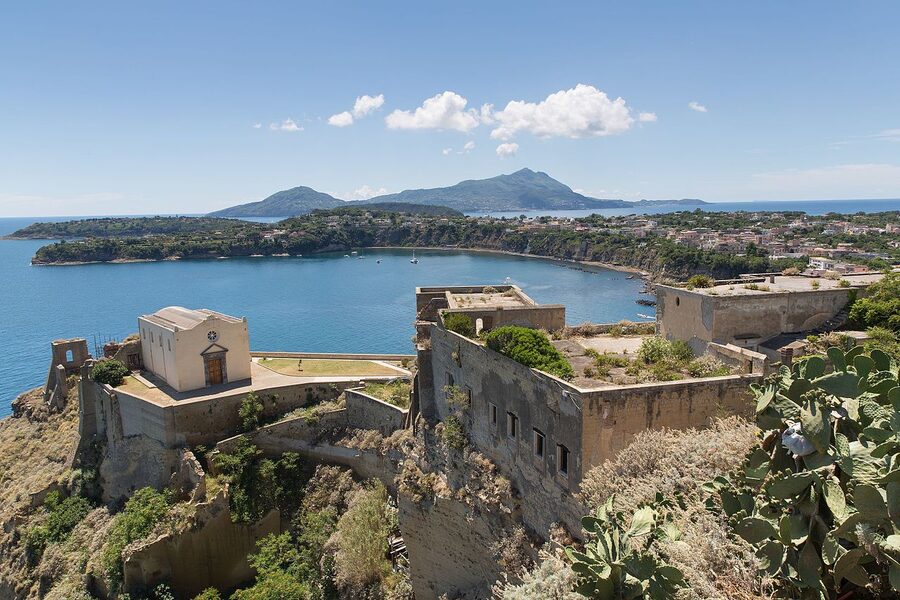The fortified medieval village of Terra Murata sitting on top of the cliffs of Procida above the sea