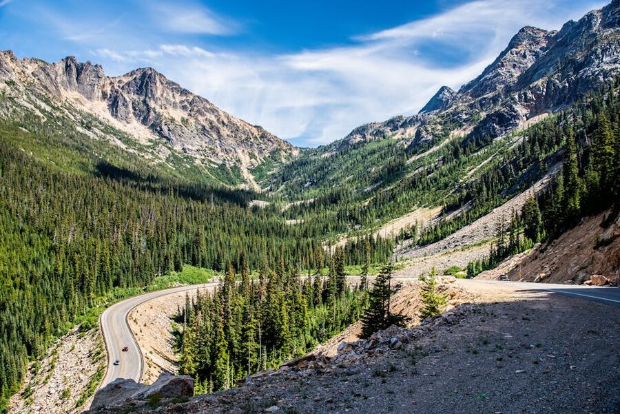 Winding scenic highway through the Cascade Mountains in Washington