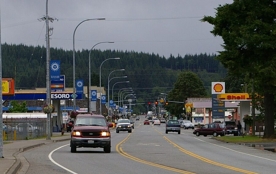 Aerial view of Forks, Washington with surrounding evergreen forest