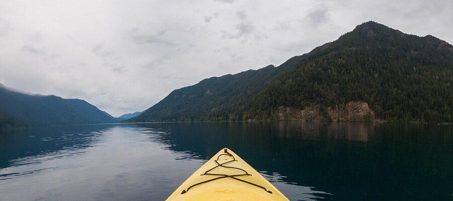 View of Lake Crescent from a kayak in Olympic National Park