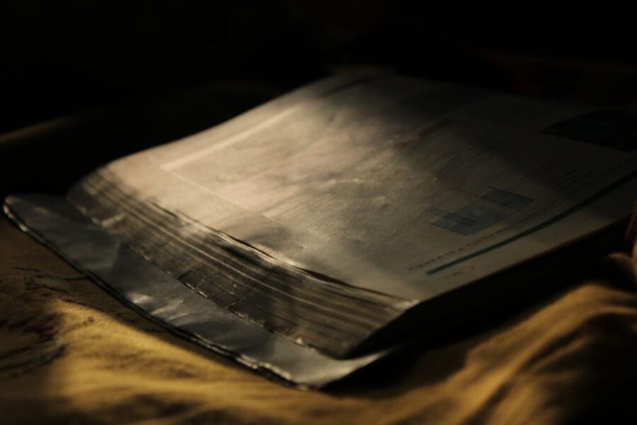 An open book photographed in moody low light, evoking the Twilight saga