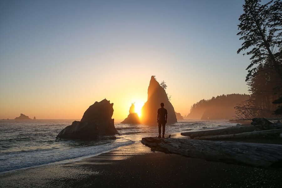 Sunset at Rialto Beach in Olympic National Park with sea stacks