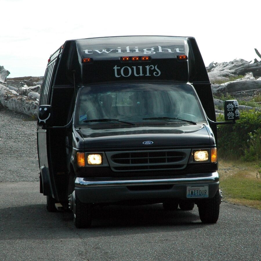Twilight Tours by Team Forks shuttle bus parked at Rialto Beach