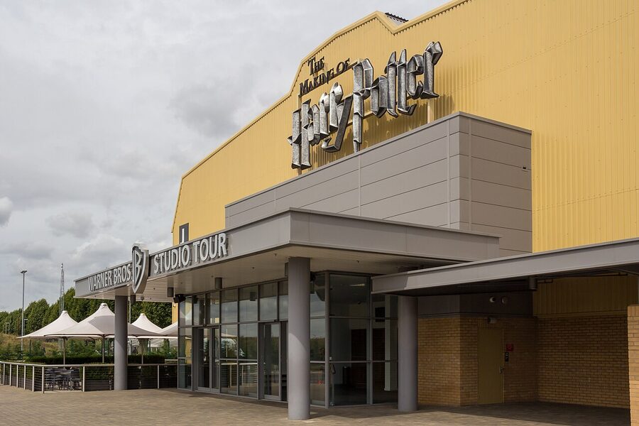 The visitor entrance to the Warner Bros. Studio Tour London at Leavesden, with the Making of Harry Potter signage